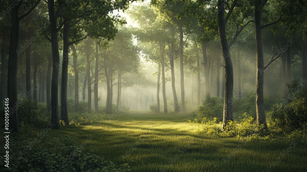 A serene forest scene in the early morning, with mist lingering among the trees A serene forest scene in the early morning, with mist lingering among the trees