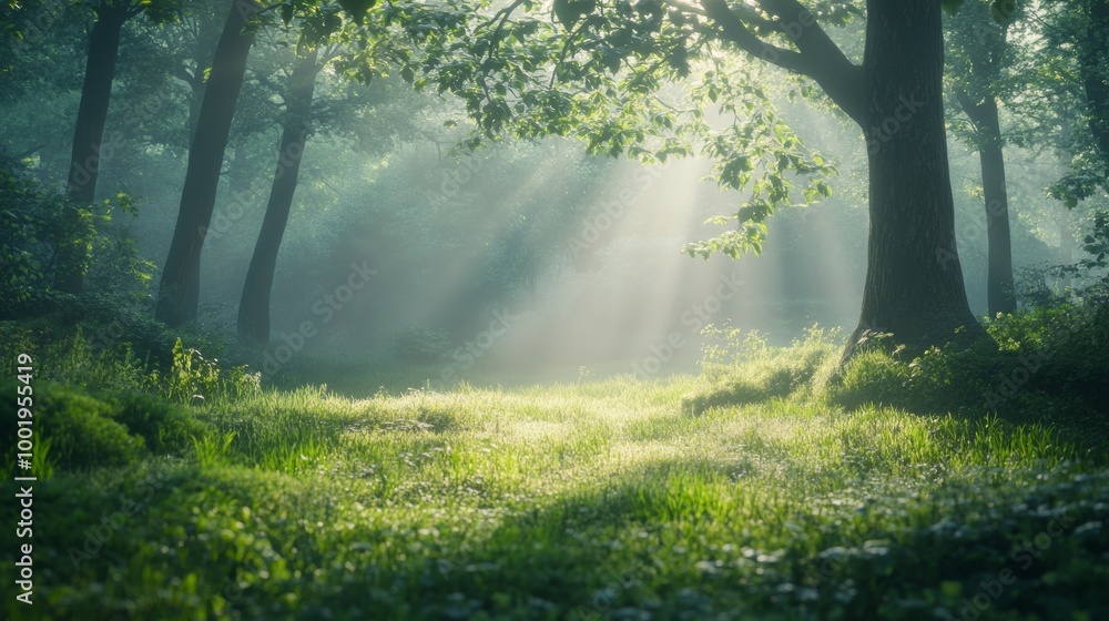 Obraz premium A serene forest scene at dawn, with mist hanging low and light softly filtering through