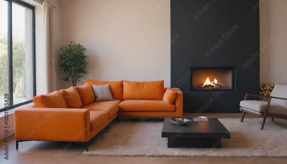 orange sofa in a living room with a fireplace orange sofa in a living room with a fireplace