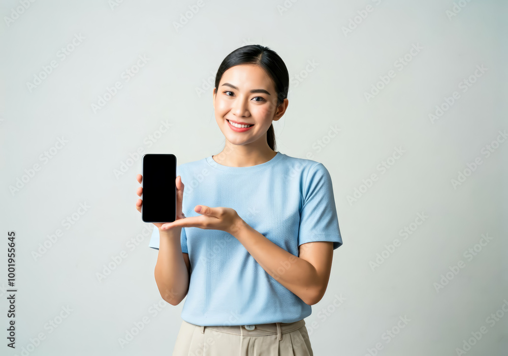 young attractive woman displaying phone with empty screen with copy space design young attractive woman displaying phone with empty screen with copy space design