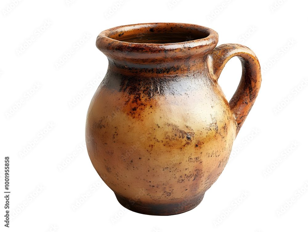 A rustic clay jug with a smooth, earthy texture, perfect for displaying or serving beverages, against a white isolated background. A rustic clay jug with a smooth, earthy texture, perfect for displaying or serving beverages, against a white isolated background.