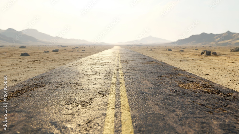 A straight road through a dry, barren desert A straight road through a dry, barren desert