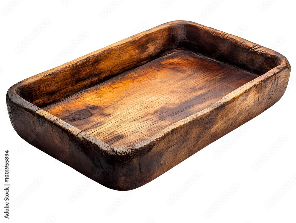 A rustic wooden serving tray isolated on a white background, perfect for serving food and enhancing any dining experience. A rustic wooden serving tray isolated on a white background, perfect for serving food and enhancing any dining experience.