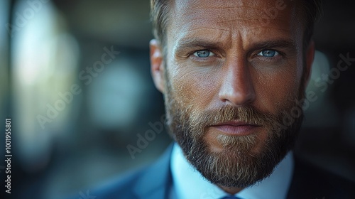 A close-up of a confident man with a well-groomed beard and piercing blue eyes in a professional setting during daylight