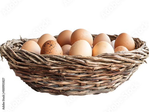 A rustic basket filled with fresh eggs, showcasing a variety of colors and sizes, perfect for culinary use. photo