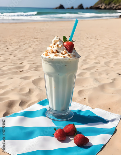 Glass of milkshake with the beach.