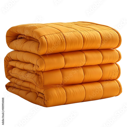 A stack of cozy orange bed quilts arranged neatly on a white background, perfect for a warm and inviting bedroom atmosphere. photo