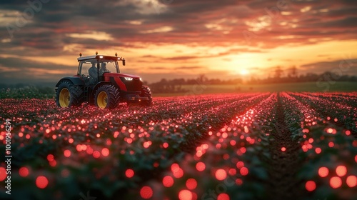 Sunset Tractor in Lush Field with Glowing Plant Lights photo