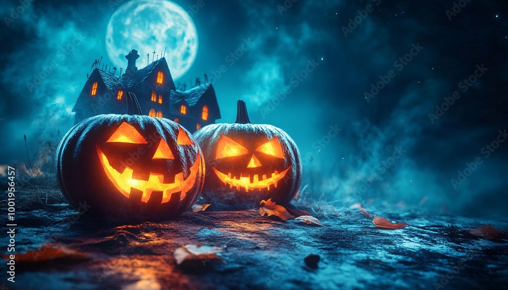 Naklejka premium Eerie Haunted House on Hill with Glowing Jack-o-Lanterns at Night under Moonlight