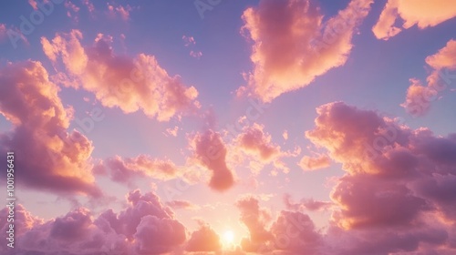 A warm twilight sky with clouds shaped like delicate petals, softly illuminated by the fading light photo