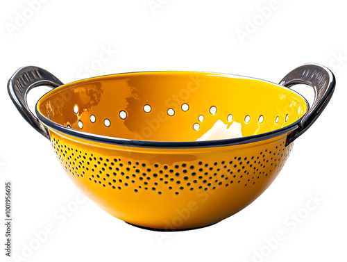 A vibrant yellow colander with black handles, designed for rinsing fruits and vegetables, isolated on a white background. photo