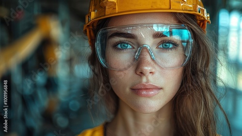 A focused construction worker wearing safety gear in an industrial setting with bright lighting during daytime hours