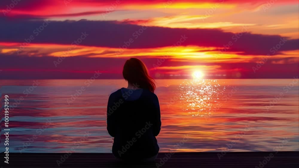 A girl sits on a wooden board at sunset. Seamless 4K looping timelapse video animation background