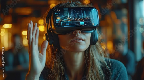 A woman experiences virtual reality technology while immersed in a lively urban café environment during the evening