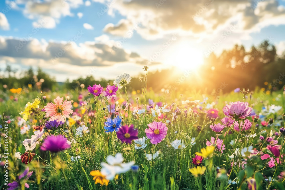 A vibrant meadow filled with colorful wildflowers under the shining sun, creating an enchanting and joyful scene of nature's beauty A vibrant meadow filled with colorful wildflowers under the shining sun, creating an enchanting and joyful scene of nature's beauty