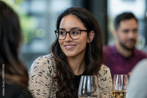 An office happy hour featuring a wine tasting event, with employees sampling different wines and sharing opinions, Generative AI photo