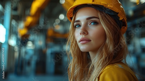 Young woman with long hair wearing a yellow hard hat in a large industrial facility during daytime