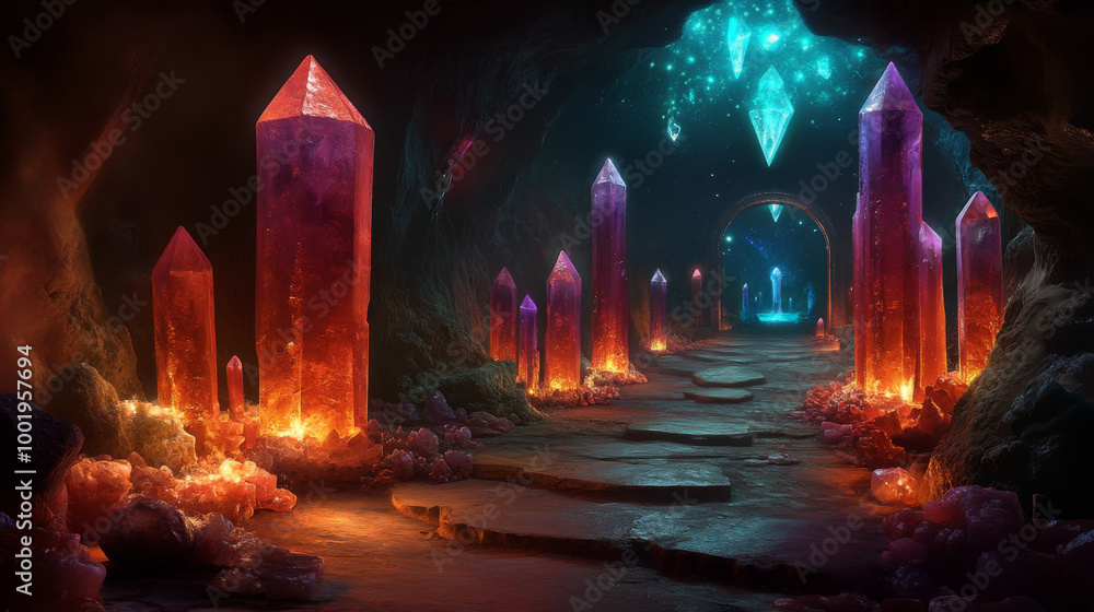 Obraz premium A magical cave filled with glowing crystals.