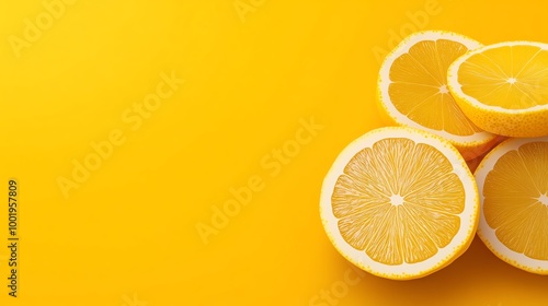 Fresh lemon slices on a vibrant yellow background, showcasing the citrus fruit's juicy and refreshing nature. Perfect for food and drink themes.