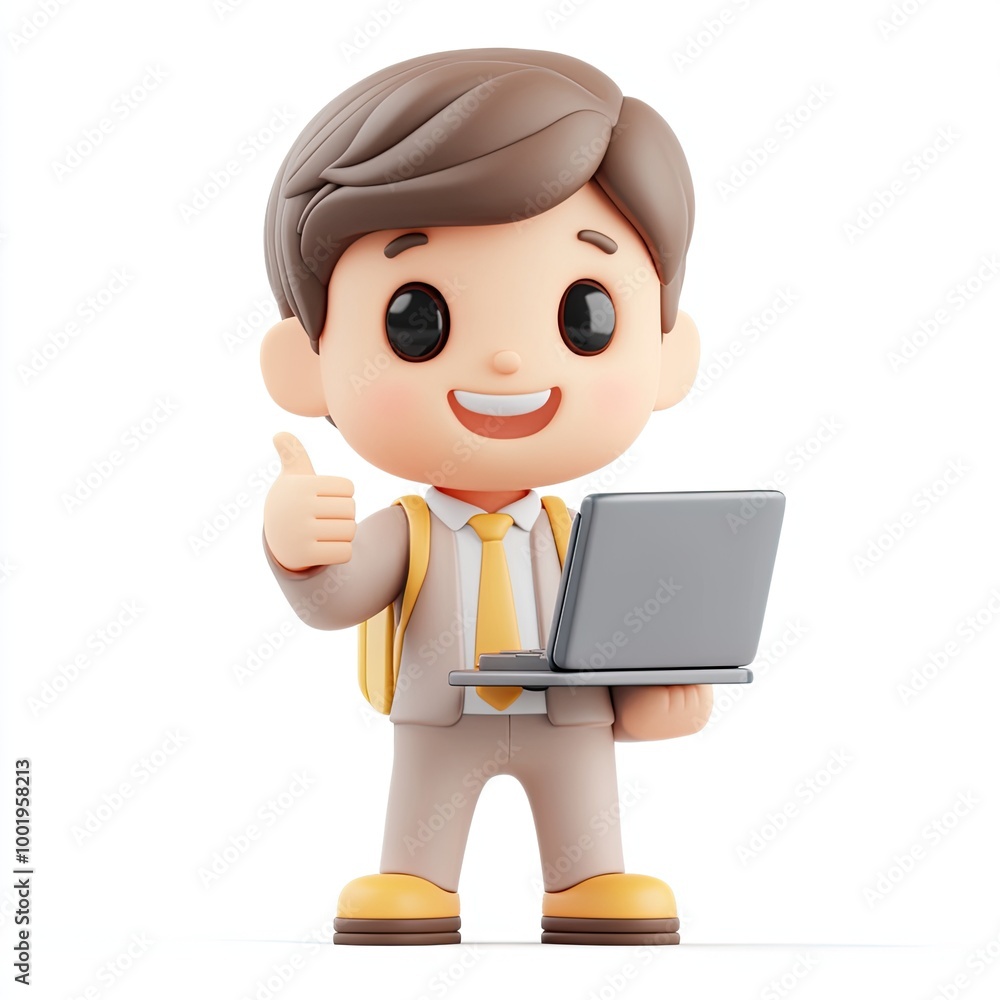 Adorable clay a cute little professional, smiling cute little businessman with a laptop showing thumb-up, full body, color 3D clay icon, Blender 3D, isolated white background, kawaii Adorable clay a cute little professional, smiling cute little businessman with a laptop showing thumb-up, full body, color 3D clay icon, Blender 3D, isolated white background, kawaii