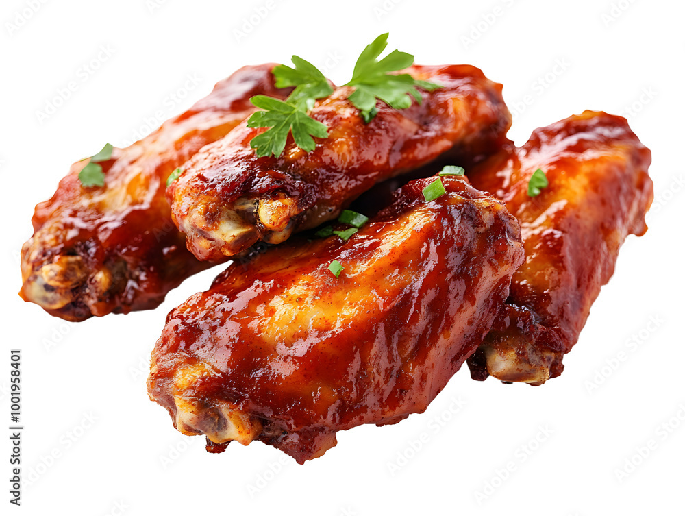 Deliciously glazed chicken wings garnished with fresh herbs on a white background. Deliciously glazed chicken wings garnished with fresh herbs on a white background.