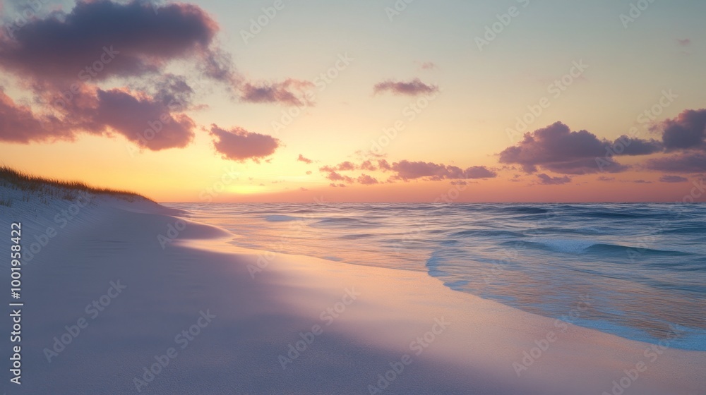 Quiet beach at twilight, the sky glowing with shades of orange and purple Quiet beach at twilight, the sky glowing with shades of orange and purple