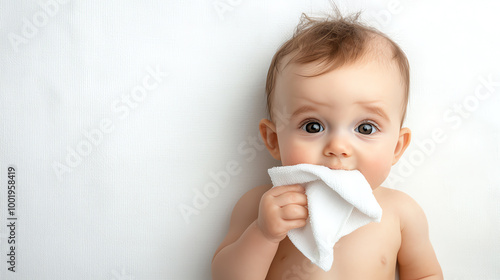 Adorable baby with big eyes holding a cloth, expressing curiosity and innocence against a soft background. photo