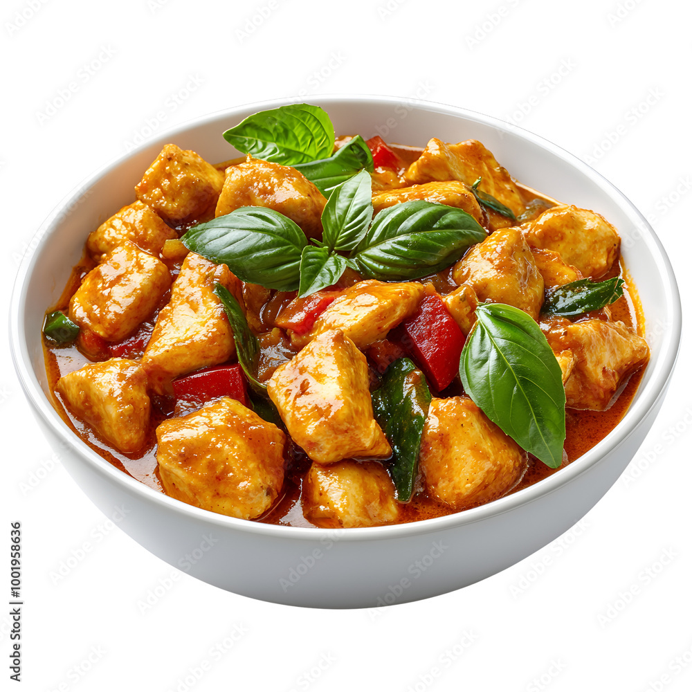 Delicious chicken dish garnished with fresh basil, served in a white bowl, vibrant colors, perfect for appetizing visuals. Delicious chicken dish garnished with fresh basil, served in a white bowl, vibrant colors, perfect for appetizing visuals.