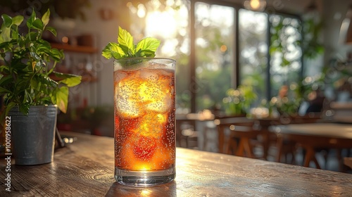 Refreshing iced beverage with mint garnish in a bright café during golden hour