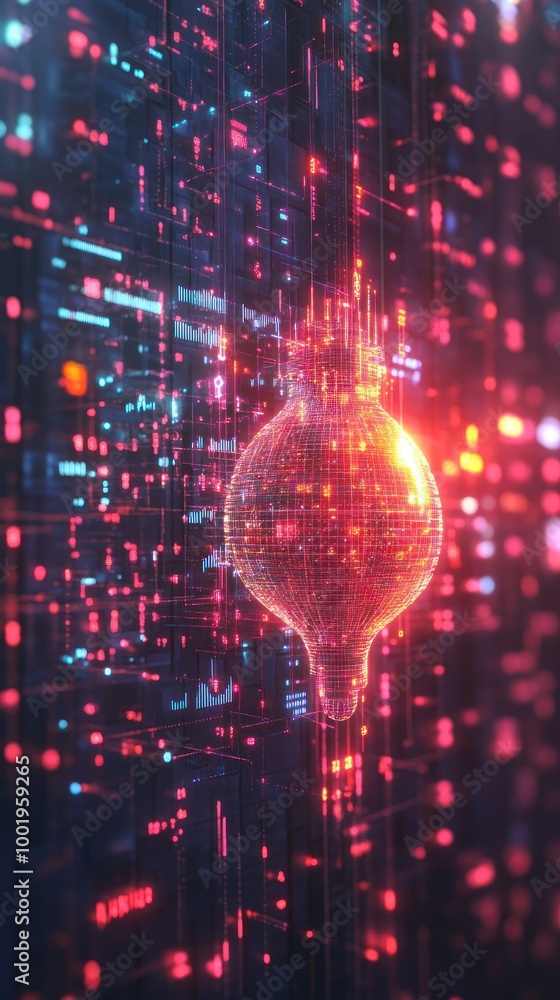 A glowing orb surrounded by vibrant digital data streams and particles. A glowing orb surrounded by vibrant digital data streams and particles.