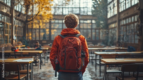 A student stands quietly in a sunlit classroom filled with empty desks, contemplating the upcoming school day amid autumn foliage