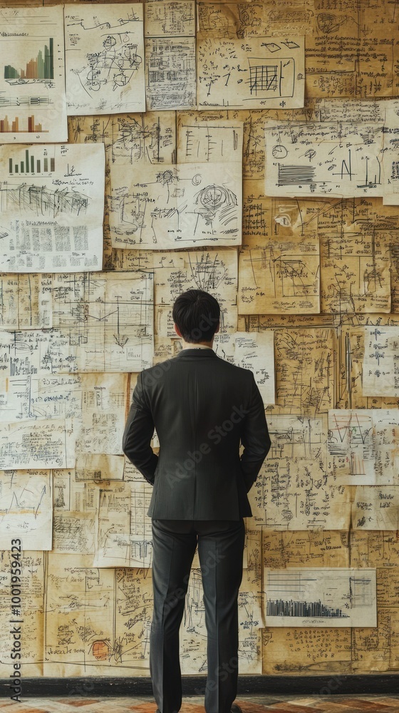 A man in a suit stands before a wall covered with various charts and documents. A man in a suit stands before a wall covered with various charts and documents.
