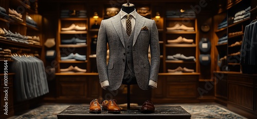 A grey suit with a patterned vest and tie on a mannequin in a men's clothing store.