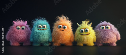 Five cute, fluffy, and furry monsters standing next to each other. They have different colors and shapes, and they all smile with big eyes against a black background.
