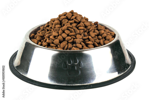 Brown cat or dog kibble in a metal bowl isolated. Nutritious healthy diet pet food scattered around, falls and cascades the bowl. Dry cat or dog food spills from a bowl.