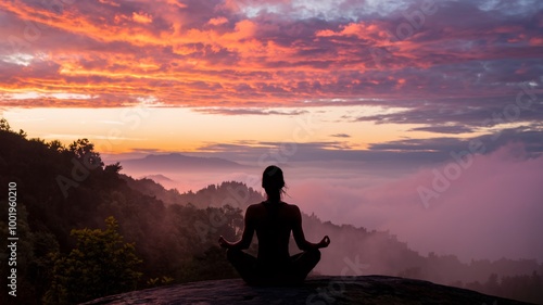 A photo of a serene and contemplative landscape with a silhouetted figure sitting in a meditative pose on a rocky outcrop overlooking a misty, mountainous scene. 