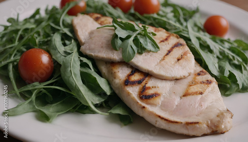 grilled chicken paillard with arugula salad on a plate photo