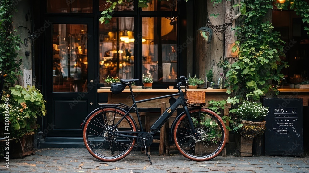 Fototapeta premium A black bicycle with a brown basket sits outside a cafe in the city.