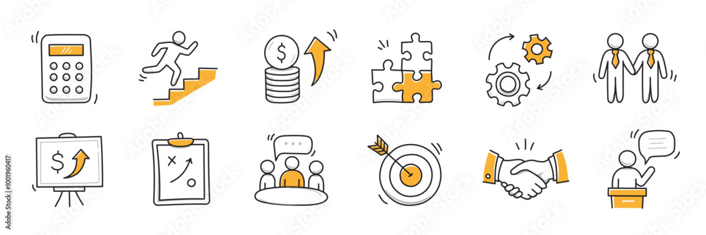 © Polina Tomtosova - Hand drawn icon sketch business office career set. Doodle hand drawn business office target, finance group work, career teamwork strategy. Target, puzzle, chart element. Vector illustration. © Polina Tomtosova - Hand drawn icon sketch business office career set. Doodle hand drawn business office target, finance group work, career teamwork strategy. Target, puzzle, chart element. Vector illustration.