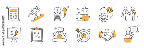 Hand drawn icon sketch business office career set. Doodle hand drawn business office target, finance group work, career teamwork strategy. Target, puzzle, chart element. Vector illustration.