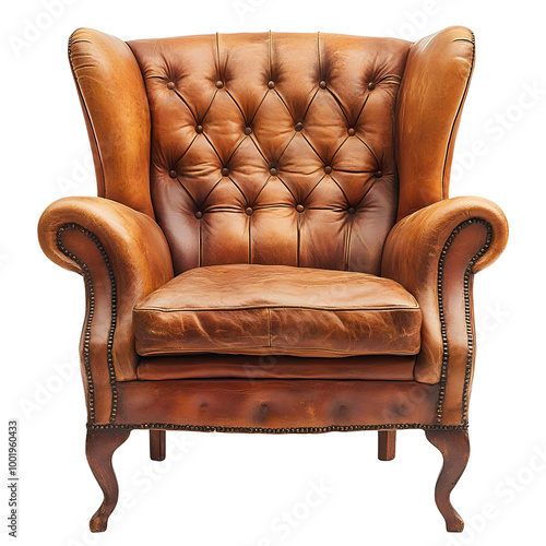 Elegant vintage leather armchair with tufted design, perfect for stylish interiors, isolated on a white background.