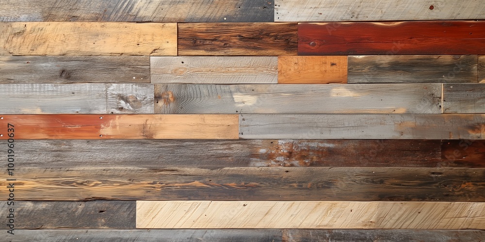 A wooden wall with many different colored boards. The wall is made of wood and has a rustic feel. A wooden wall with many different colored boards. The wall is made of wood and has a rustic feel.