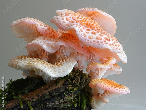 Pink and Orange Mushrooms on a Tree Branch: A Close-Up Macro Photography photo