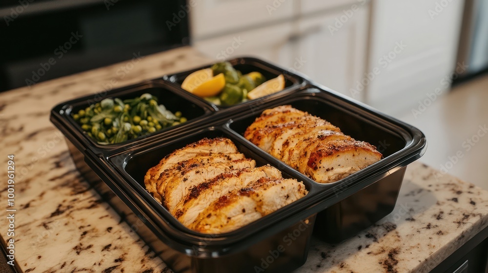 A black plastic container with four compartments holding grilled chicken, green peas, broccoli florets, and lemon slices. A black plastic container with four compartments holding grilled chicken, green peas, broccoli florets, and lemon slices.