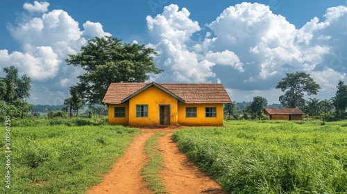 Sunny Rural Landscape with Vibrant Yellow House and Blue Skies