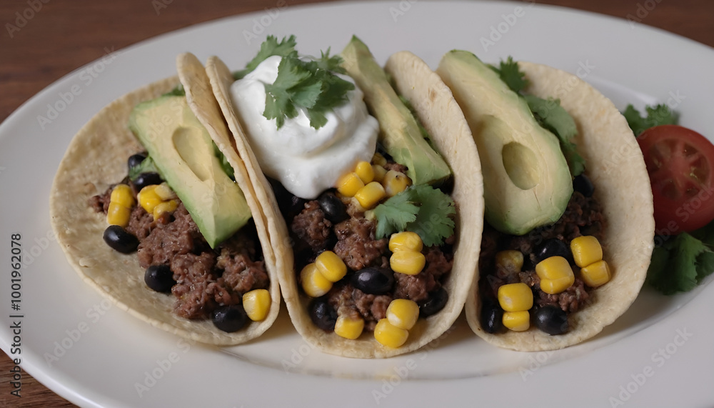 tacos with black beans, corn, avocado, ground beef, and sour cream tacos with black beans, corn, avocado, ground beef, and sour cream