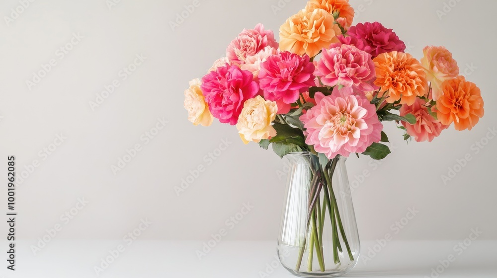 A clear glass vase filled with vibrant pink and orange flowers, set against a light neutral background. A clear glass vase filled with vibrant pink and orange flowers, set against a light neutral background.