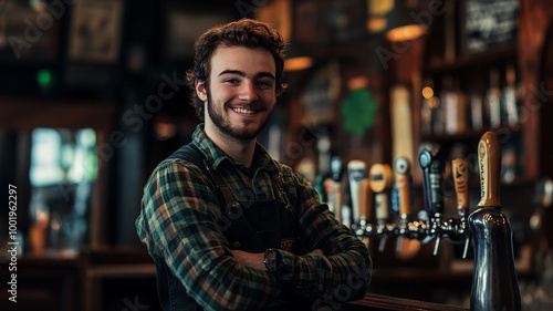 Celebrating National Bartender Day with a smiling bartender in a lively pub atmosphere