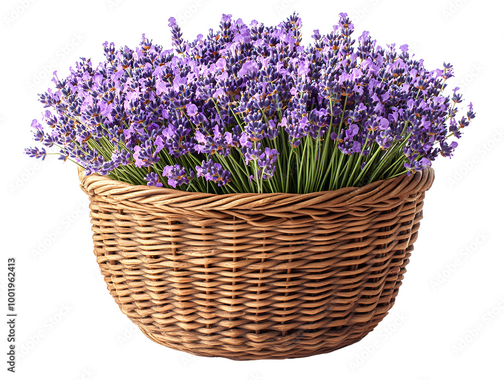 Fototapeta premium Lavender bunch in a woven basket, vibrant purple flowers against a white isolate background.