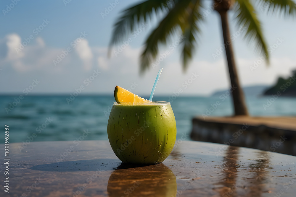 Coconut water beside of infinity pool at beach